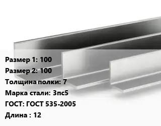 Уголок горячекатаный 100х100х7 Сталь: 3пс5 ГОСТ: ГОСТ 535-2005 L=12